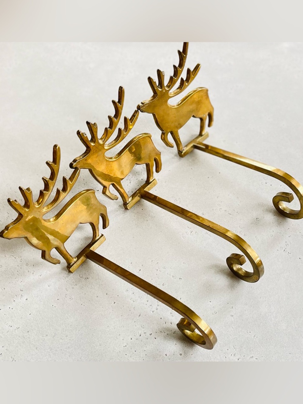 Set of 3 Vintage Heavy Brass Moose Reindeer Mantel Stocking Hangers Holders